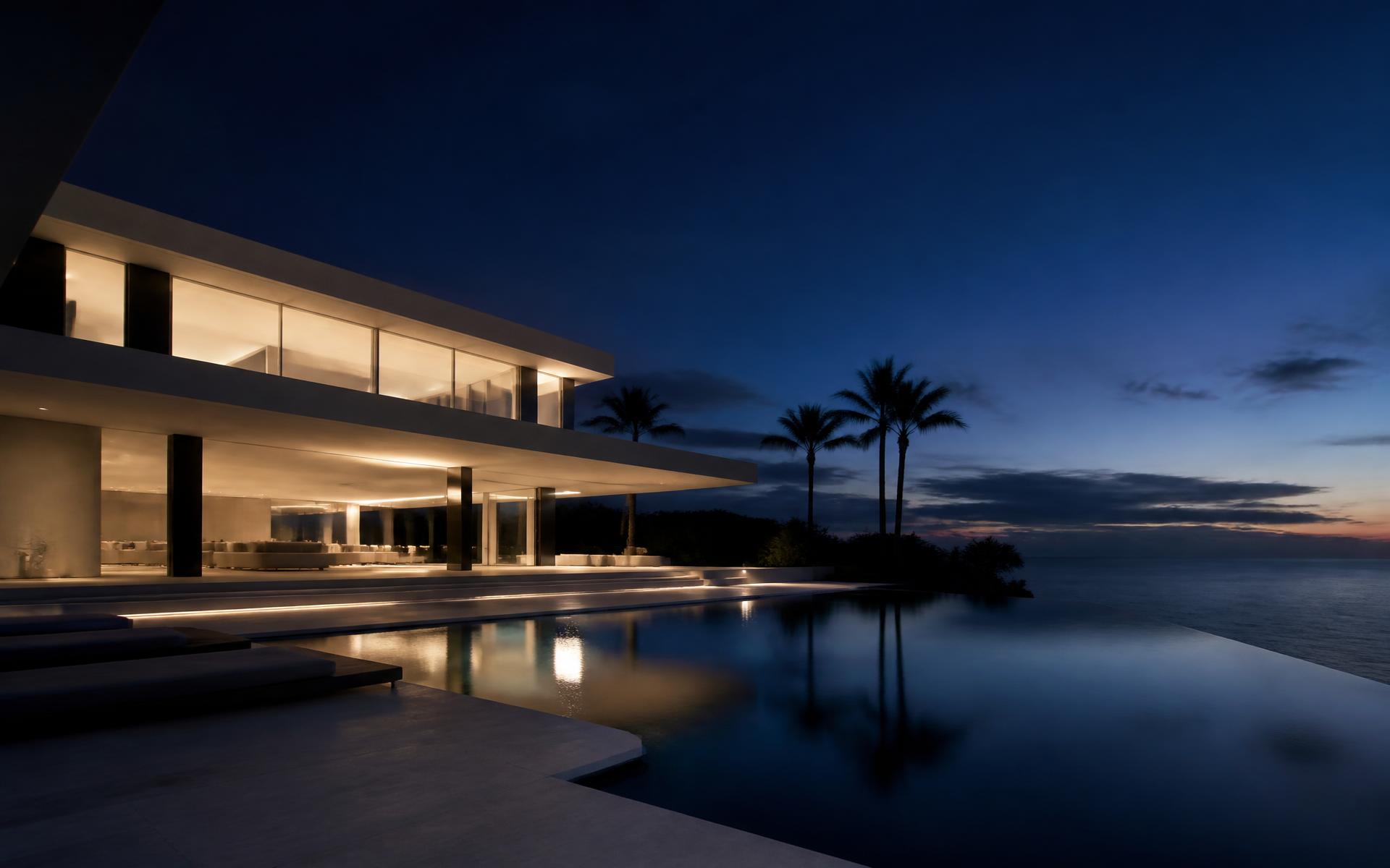 Contemporary luxury villa overlooking the ocean at dusk