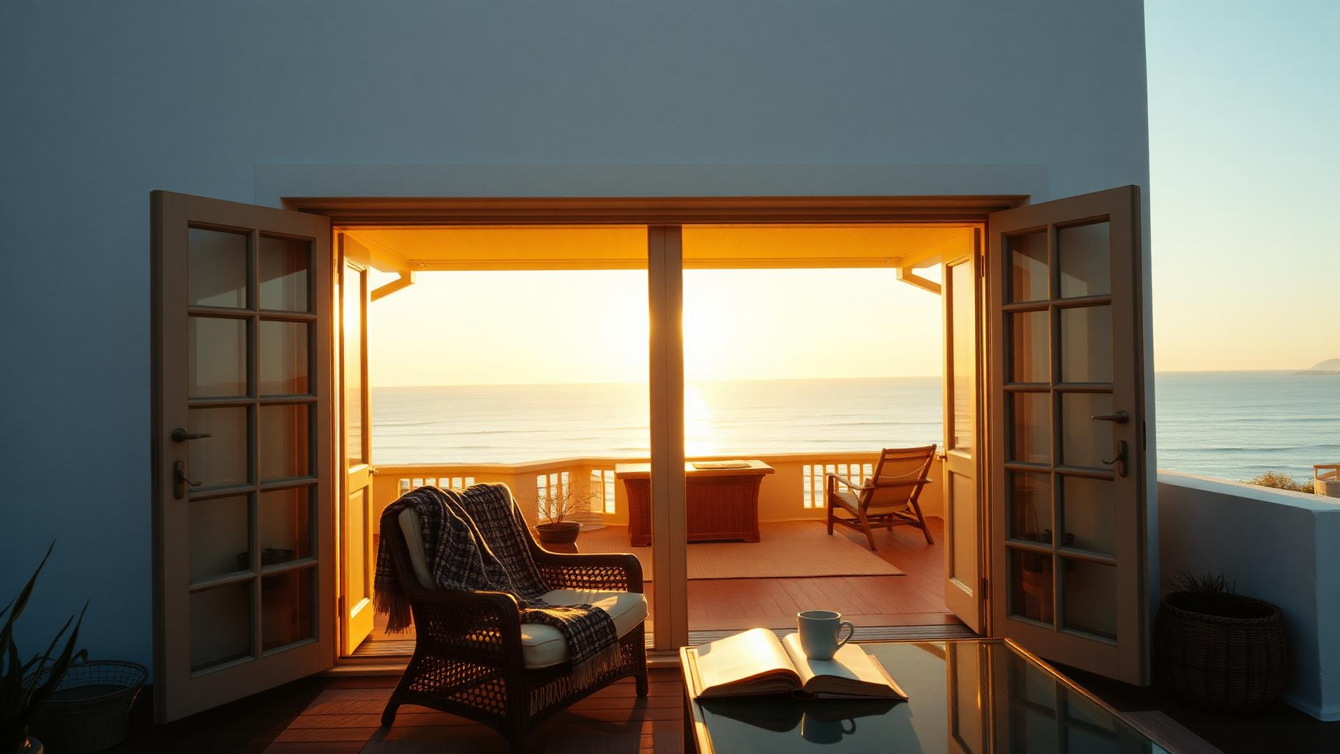 Contemporary luxury villa overlooking the ocean at dusk