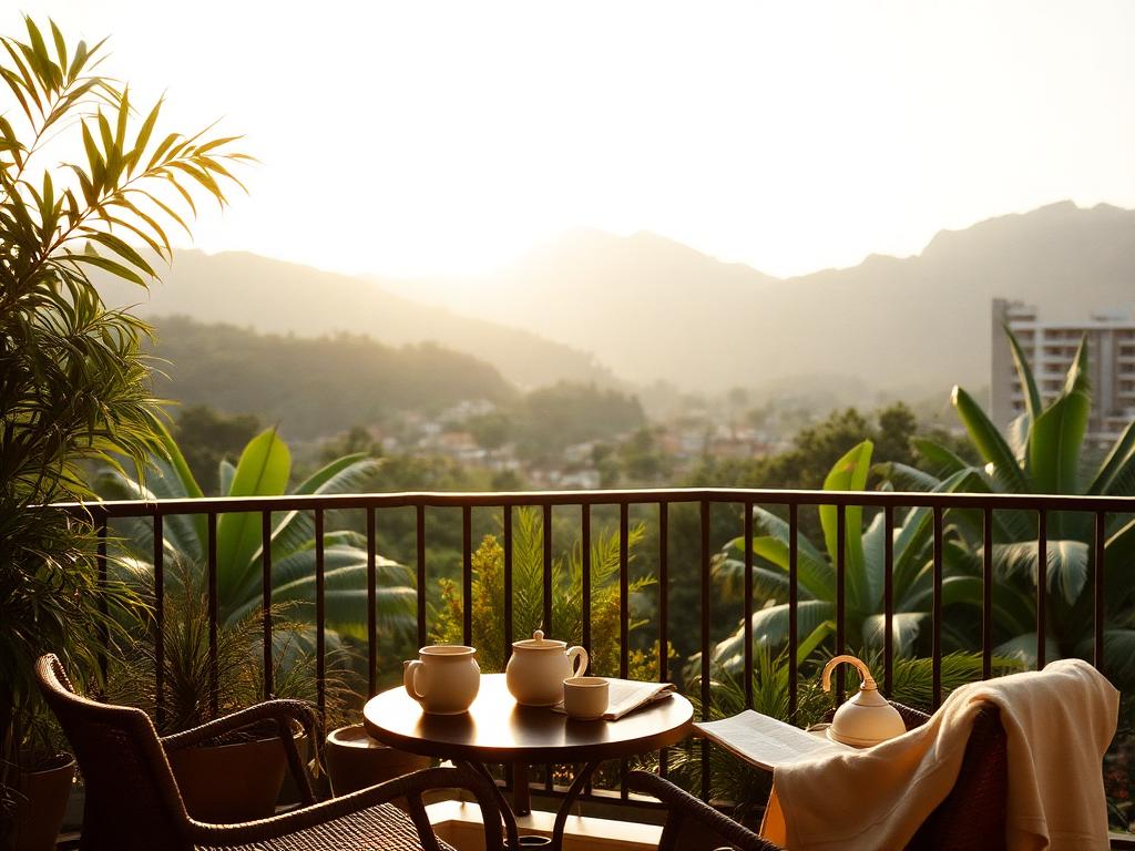 Medellín apartment terrace with mountain views and tropical planting