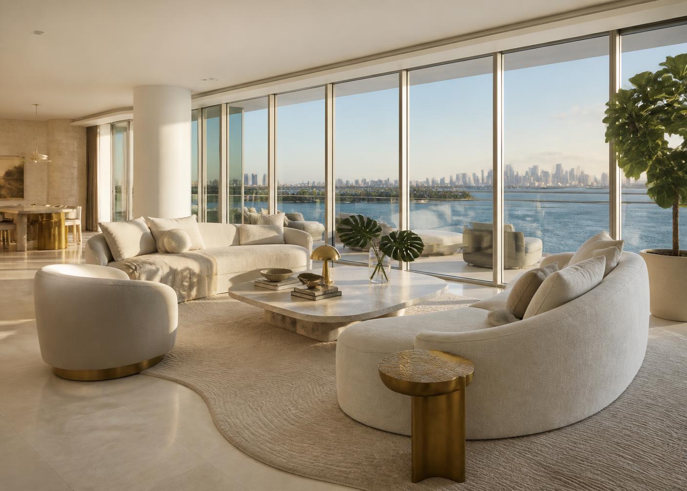 Living room of a Miami bayfront penthouse with skyline views