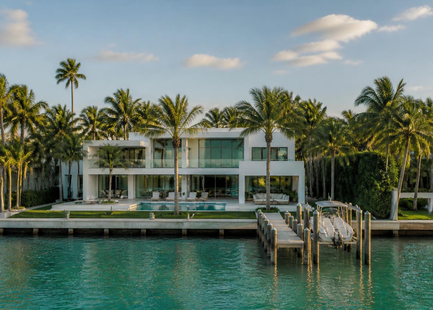 White contemporary waterfront villa in Miami Beach with private dock