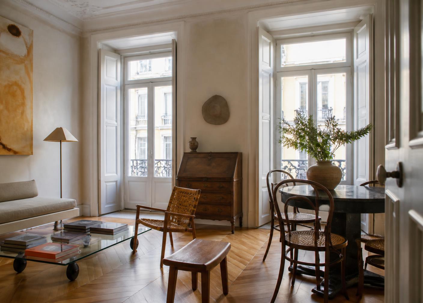 Restored Lisbon apartment with tall windows and herringbone floors